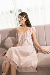 Silk Midi Dress with Ruffle Trim and Pleated Hem Detail